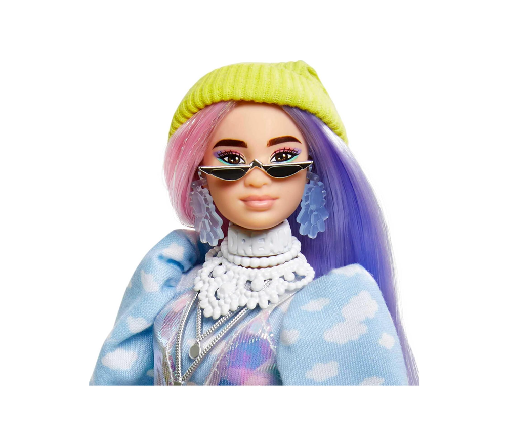 Кукла Barbie Extra и аксессуары с блестящим эффектом, розовыми и фиолетовыми фантазийными волосами и неоновой шапкой с щенком-питомцем