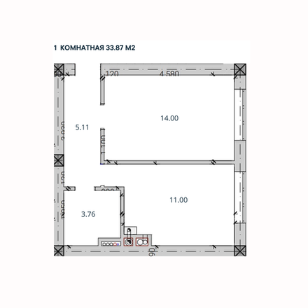 1-комн. квартира, 33,87 м²; 1,2,3 этажи