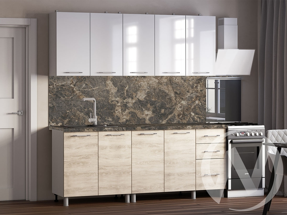 Кухня Нора 2.0м (корпус белый/белый; дуб шале светлый) 38мм королевский опал