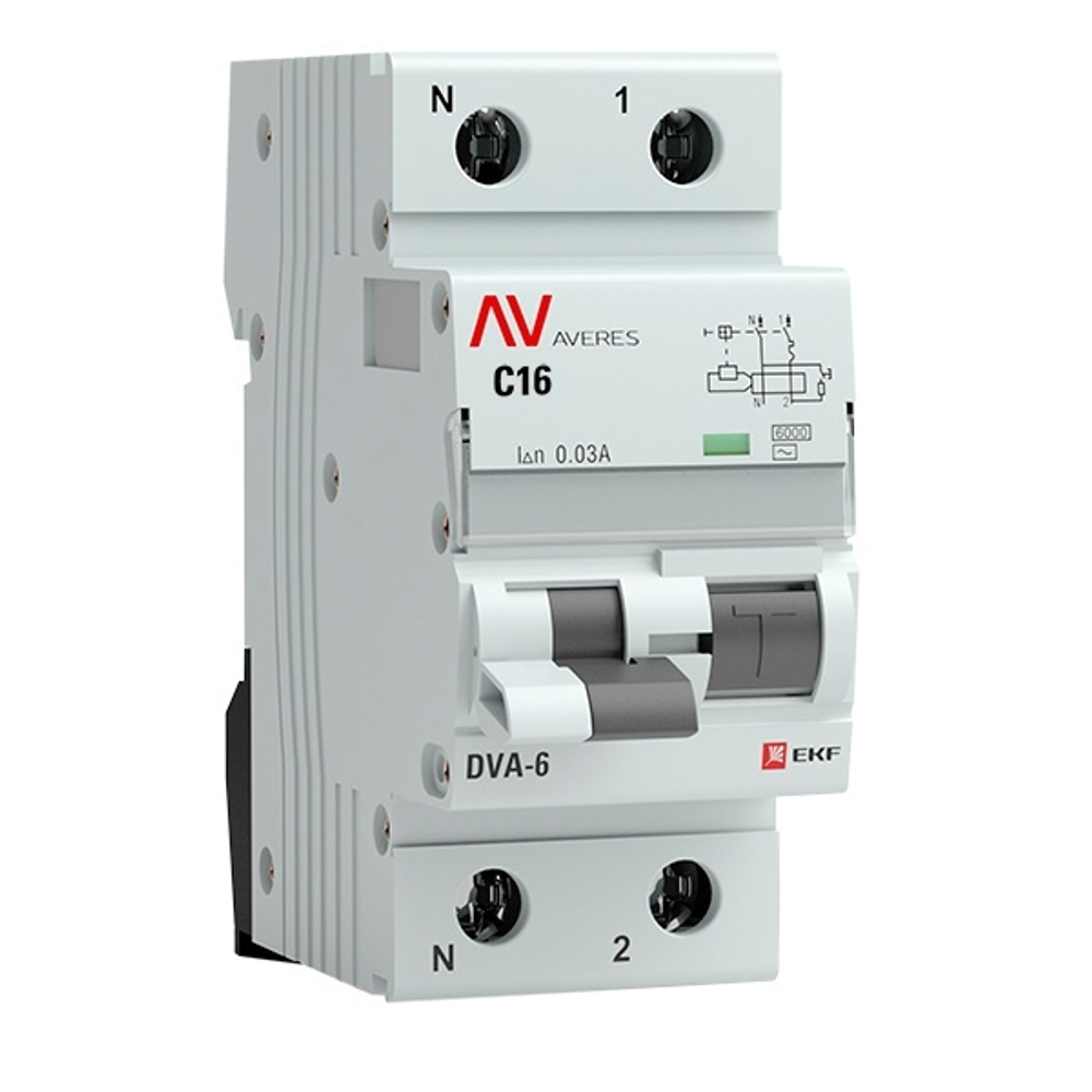 Дифавтомат AVERES DVA-6 C16А 1P+N 30мА тип AC однофазный электромеханический 6кА EKF (дифференциальный автомат, АВДТ) rcbo6-1pn-16C-30-ac-av