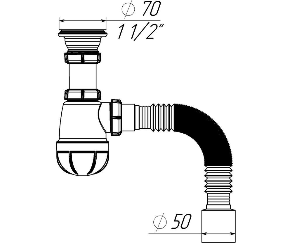 СИФОН ДЛЯ КУХНИ 1 1\2 х 40 С ГИБКОЙ ТРУБОЙ 40х40\50 В011530