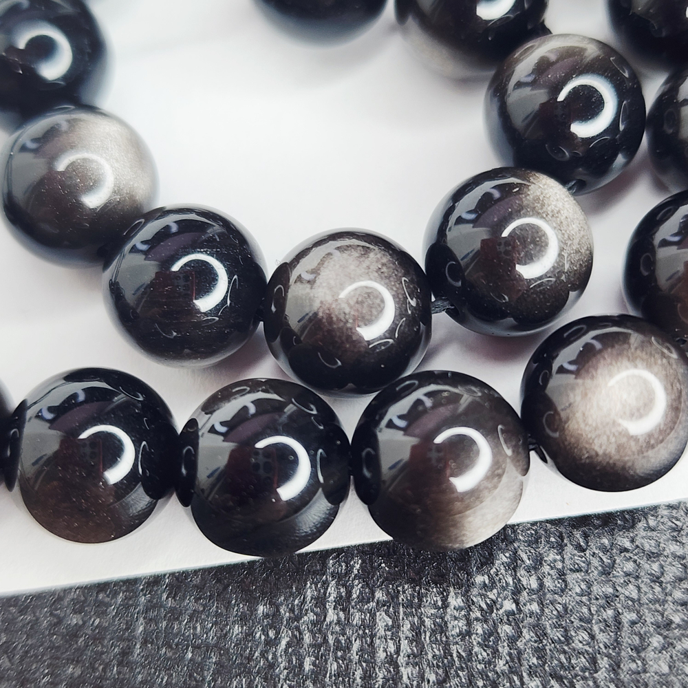 Обсидиан серебро, бусины высокое качество и полировка, р-р 10.2 - 10.3мм, штучно