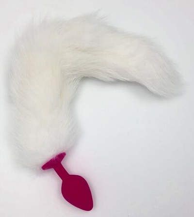 Красная силиконовая анальная пробка с белым хвостиком - размер M (Цвет: красный с белым)