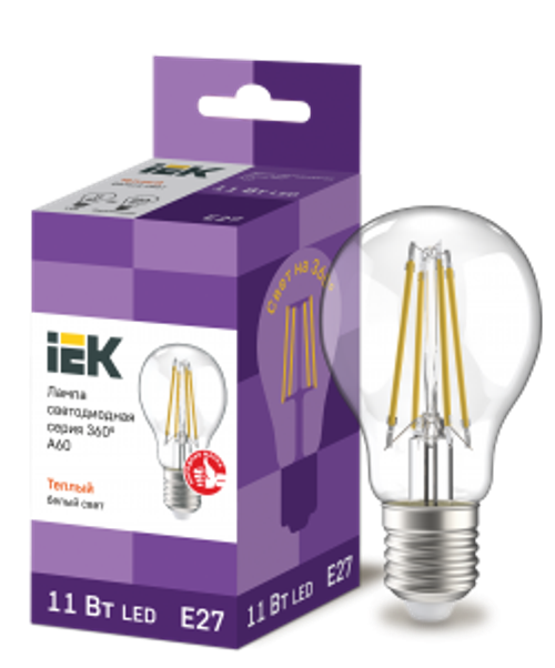 Лампа светодиодная A60 груша прозрачная 11Вт 230В 3000К E27 серия 360° IEK