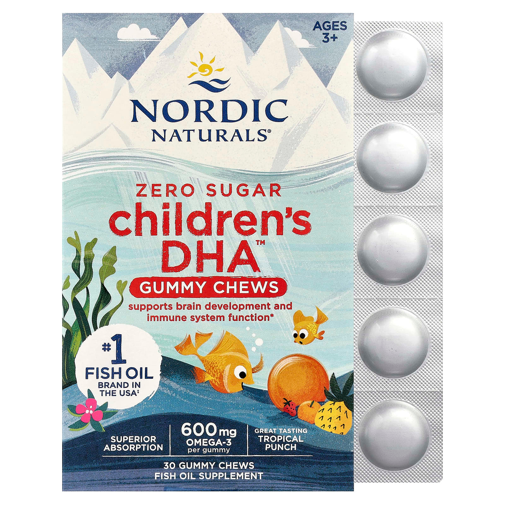 Nordic Naturals, DHA™, жевательные таблетки для детей, от 3 лет, тропический пунш, 30 жевательных таблеток (355 мг в 1 жевательной таблетке)