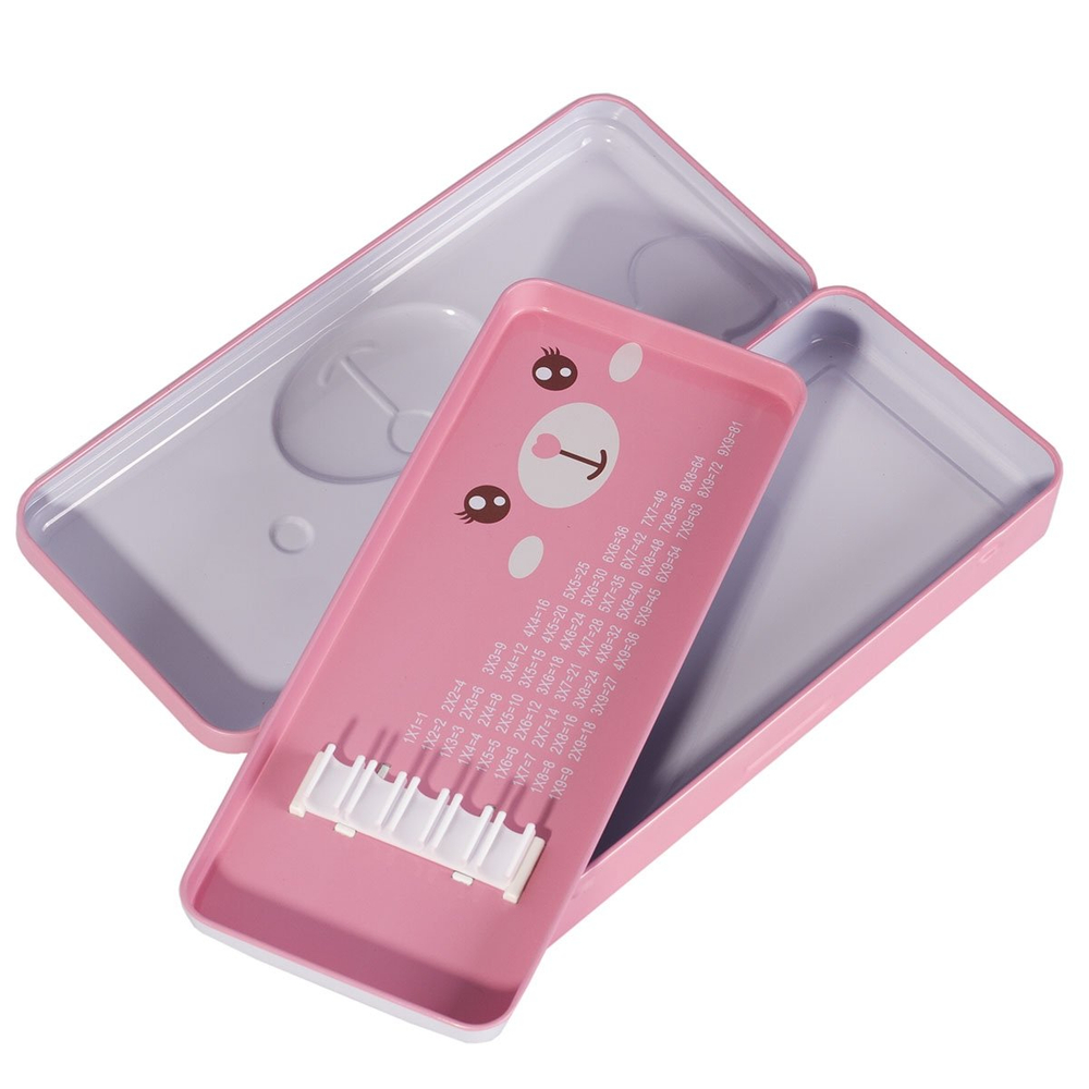 Пенал металлический 2 отделения Alingar, таблица умножения, органайзер, 100 х 220 мм, "Мишка с бантиком", розовый