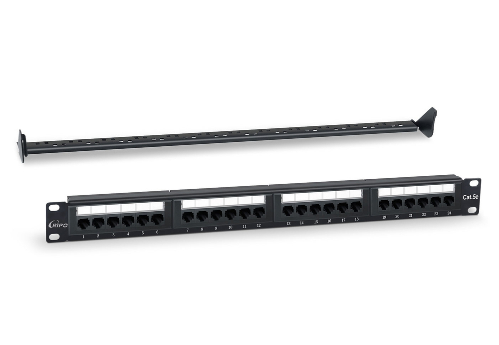 Патч-панель Ripo 19",1U, 24 порта, Cat.5е (КлассD), 100МГц, RJ45/8P8C, Dual IDC, с организатором