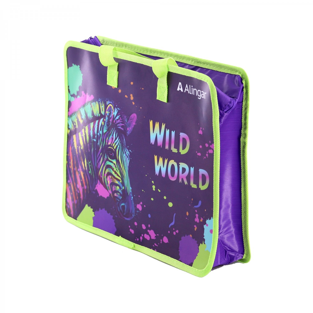 Папка с ручками 1 отделение, А4 265х335х90мм, Alingar, пластик, ручки тесьма, дизайн с двух сторон, молния сверху, "Неоновая зебра"