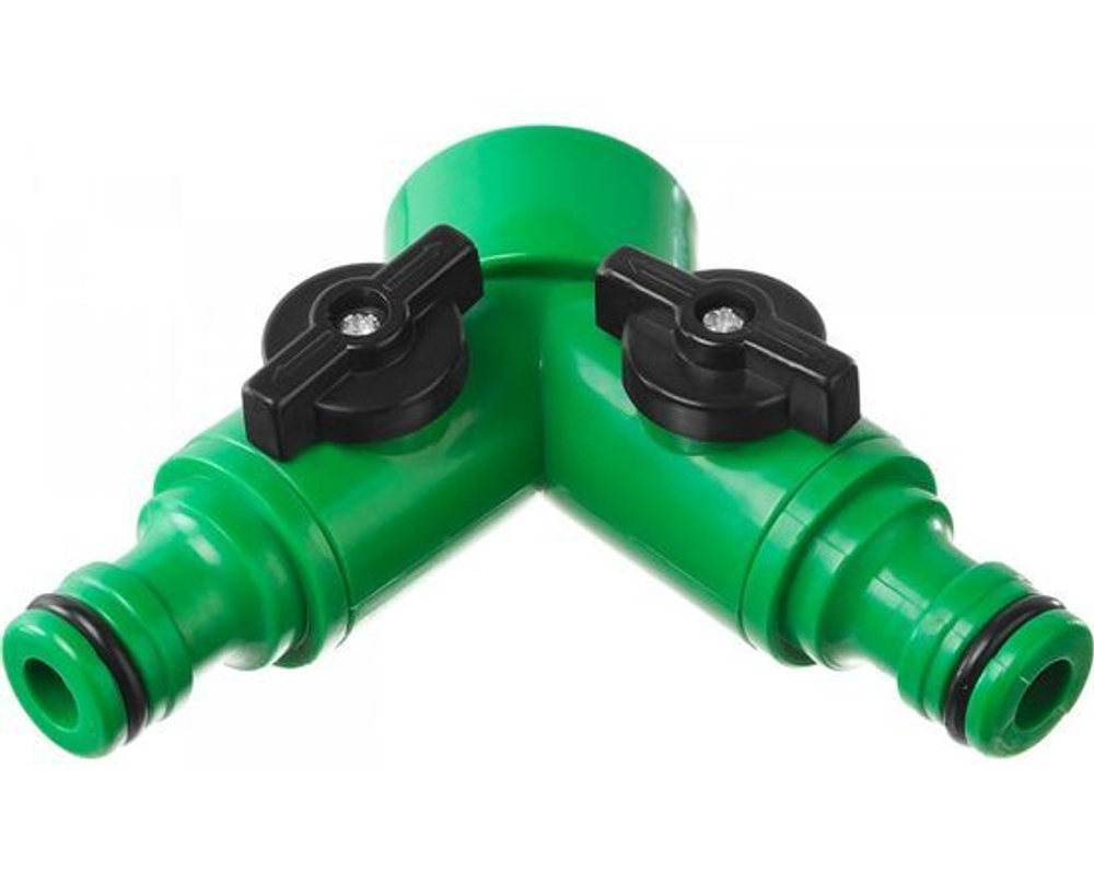 Разветвитель штуцерный, 2 канала, внутренняя резьба 3/4-1/2, регулируемый, пластик 4х9х11см