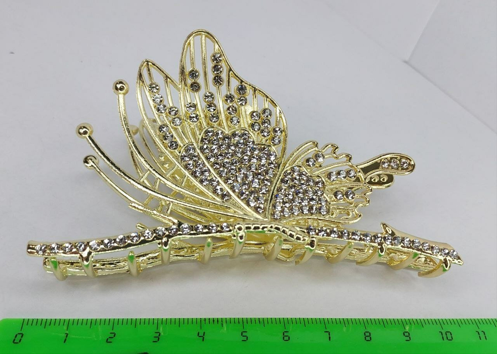 Заколка Краб "Бабочка" со стразами. Металл. Золото. Усиленная.Для волос.