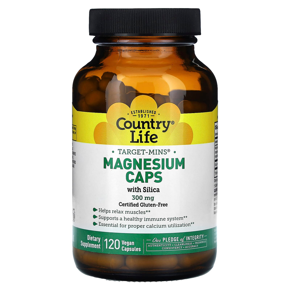 Country Life, Target-Mins®, магний в капсулах с диоксидом кремния, 300 мг, 120 веганских капсул