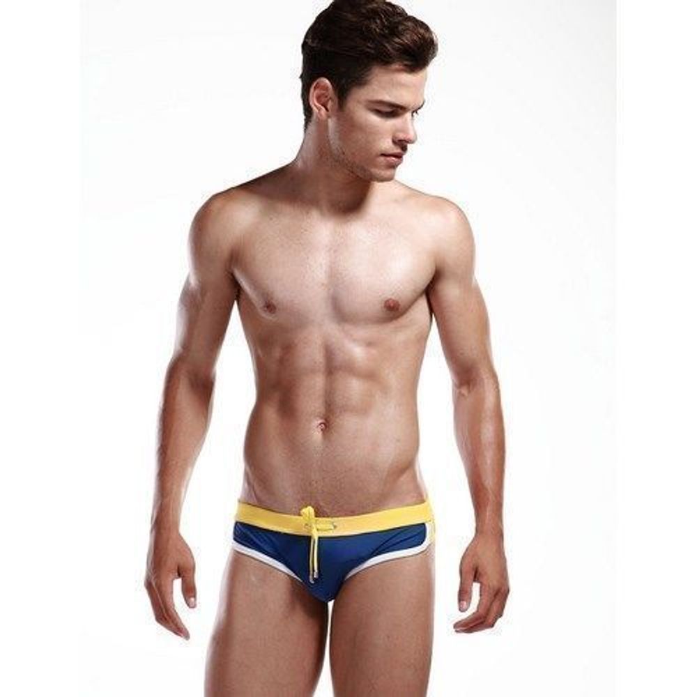 Мужские плавки брифы синие с желтым поясом SEOBEAN Swimsuit Blue Yellow
