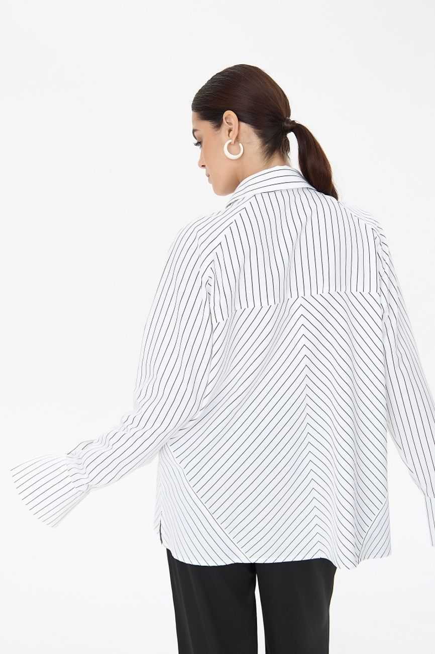 Рубашка прямая комбинированная в полоску, черно-белый