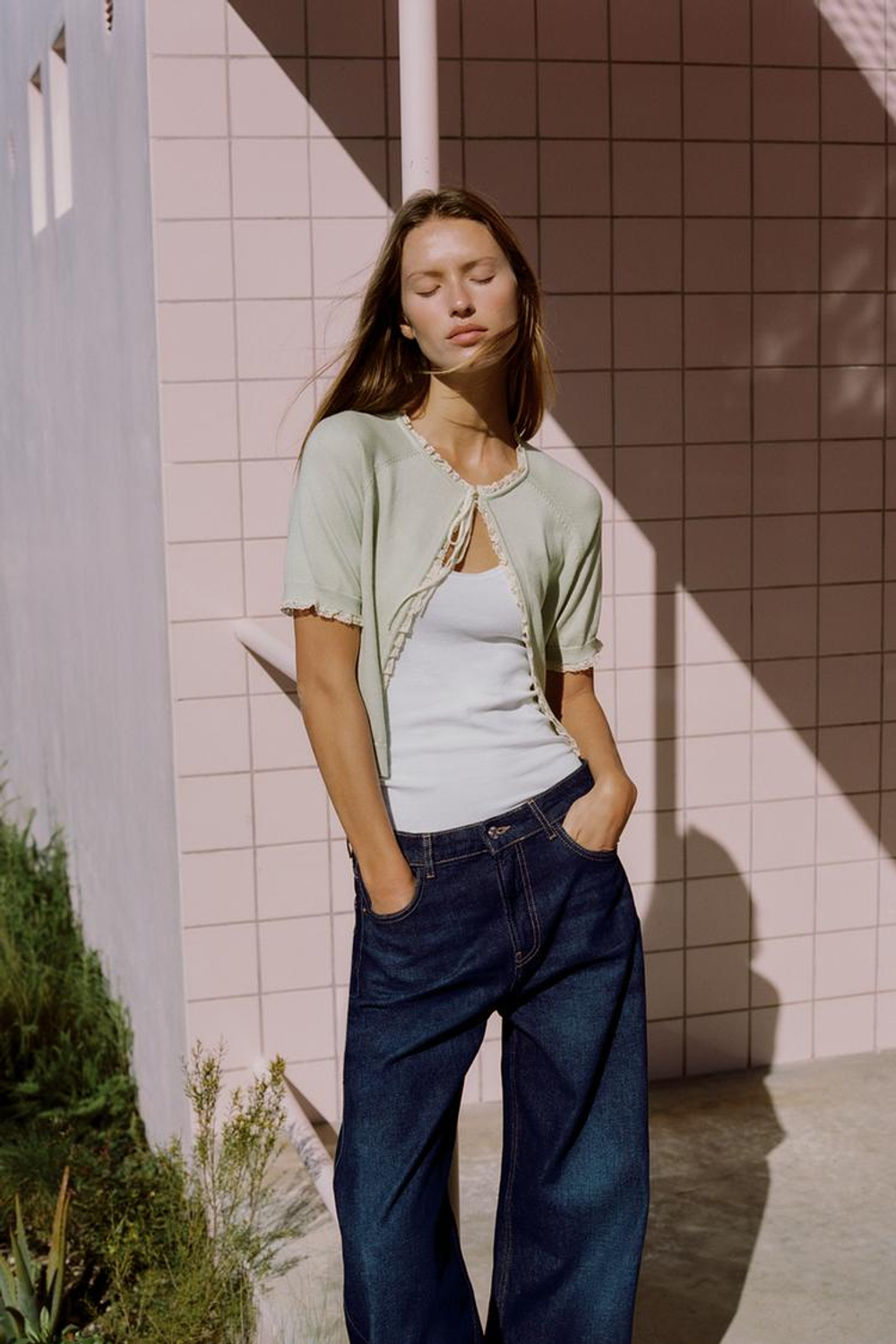 ZARA КАРДИГАН С БАНТОМ И КРУЖЕВОМ, ПАСТЕЛЬНО-ЗЕЛЕНЫЙ