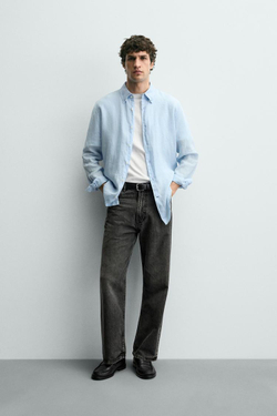 ZARA РУБАШКА REGULAR FIT ИЗ 100% ЛЬНА, НЕБЕСНО-ГОЛУБОЙ