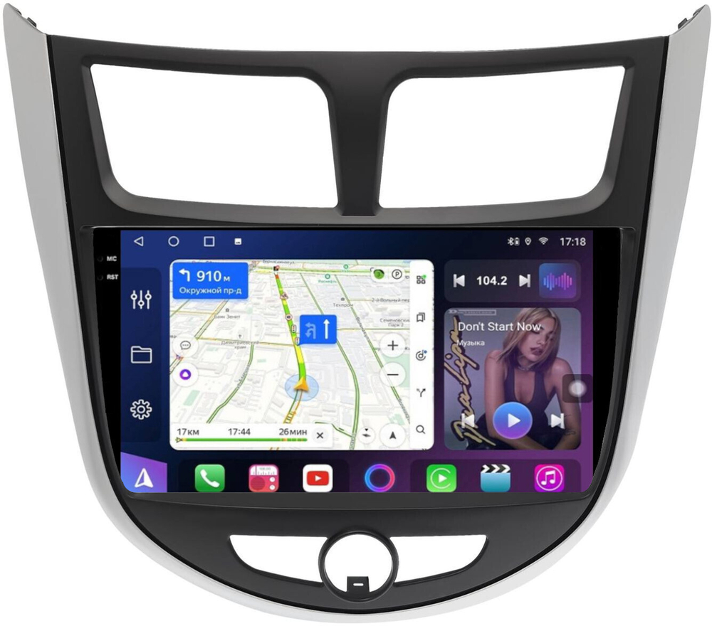 Магнитола для Hyundai Solaris 1 2010-2016 (рамка серебристо-черная тип 3) - FarCar BM9-2K-7011F3 монитор 9.5" 2K QLED на Android 14, TS10, 4+32Гб, CarPlay, 4G SIM-слот