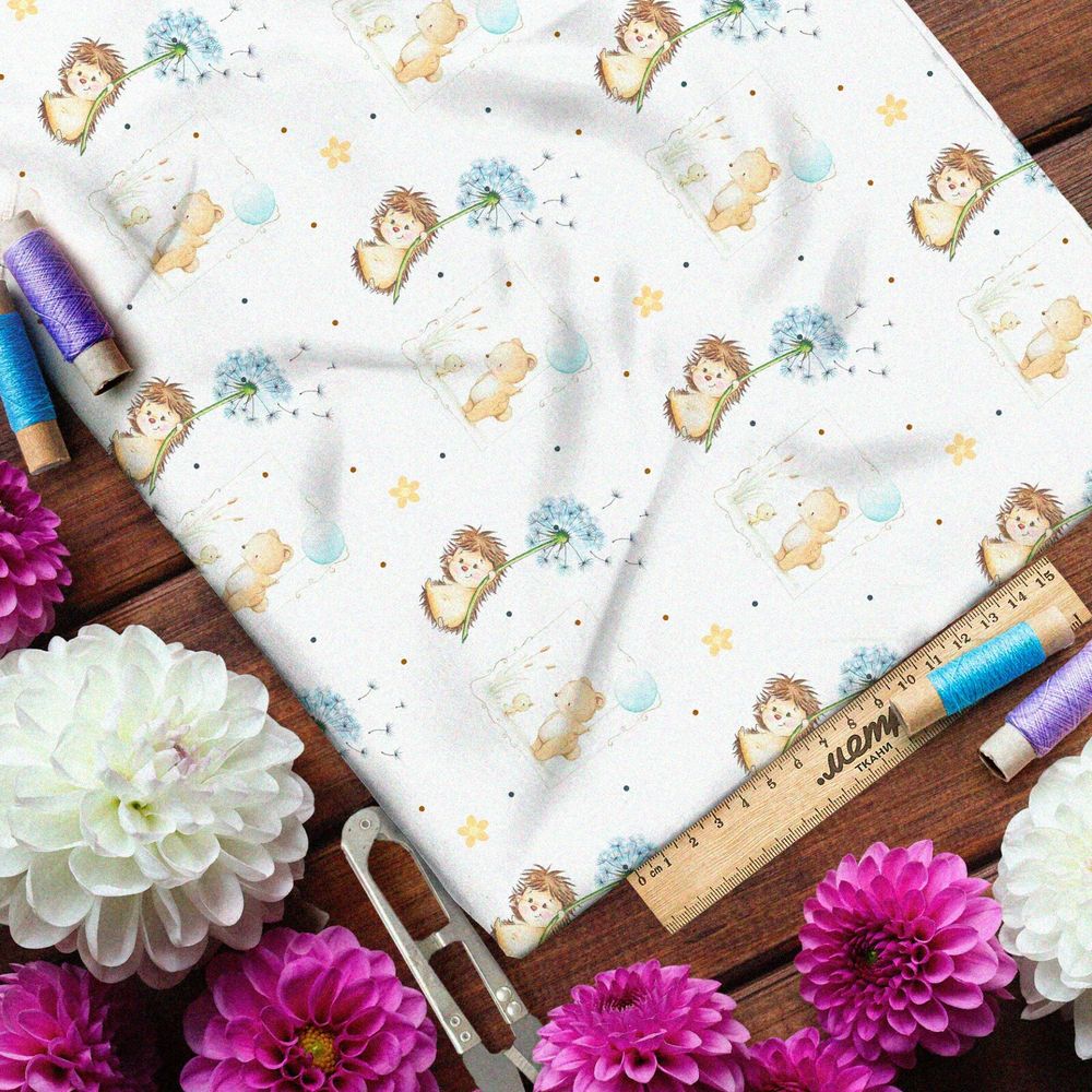 Ткань кулирная гладь радостные ёжики и добрые мишки