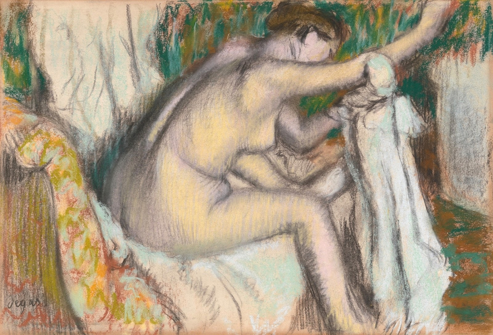 Эдгар Дега. 1890-е, начало. Женщина, вытирающая руку (Woman Drying Her Arm). 30.5 х 44.5. Бумага, пастель и уголь. Нью-Йорк, музей Метрополитен.