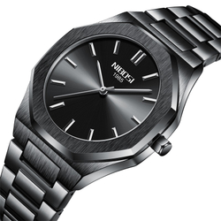NIBOSI 1985 Quartz Movement Stainless Steel Strap Watch Men"s Watches Black Dial