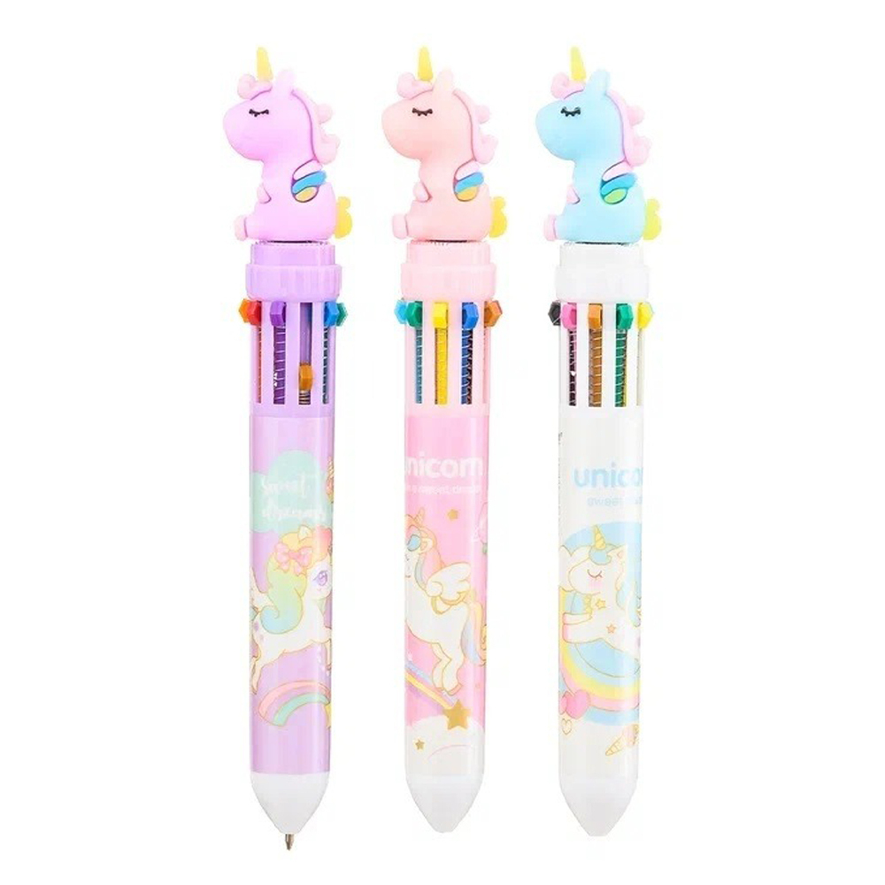 Ручка шариковая автоматическая 10 в 1 с фигуркой Единорог, MC-Basir, Авторучка канцелярская детская 10 цветов с резиновой игрушкой