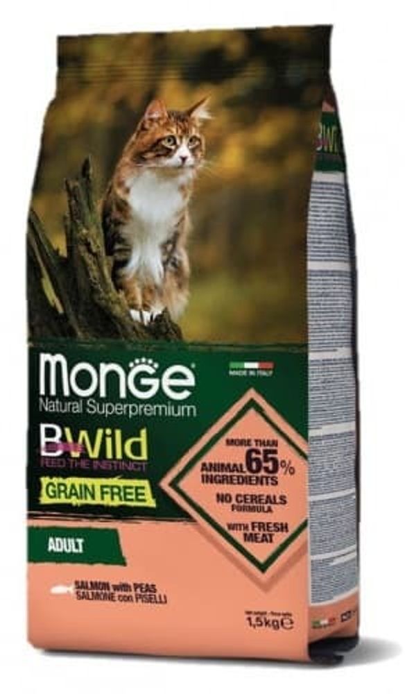 Monge 1,5кг BWild Cat GRAIN FREE беззерновой корм из лосося и гороха для взрослых кошек