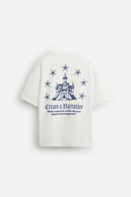 ZARA ФУТБОЛКА С ГРАФИЧЕСКИМ ПРИНТОМ, ЖЕЛТОВАТО-БЕЛЫЙ