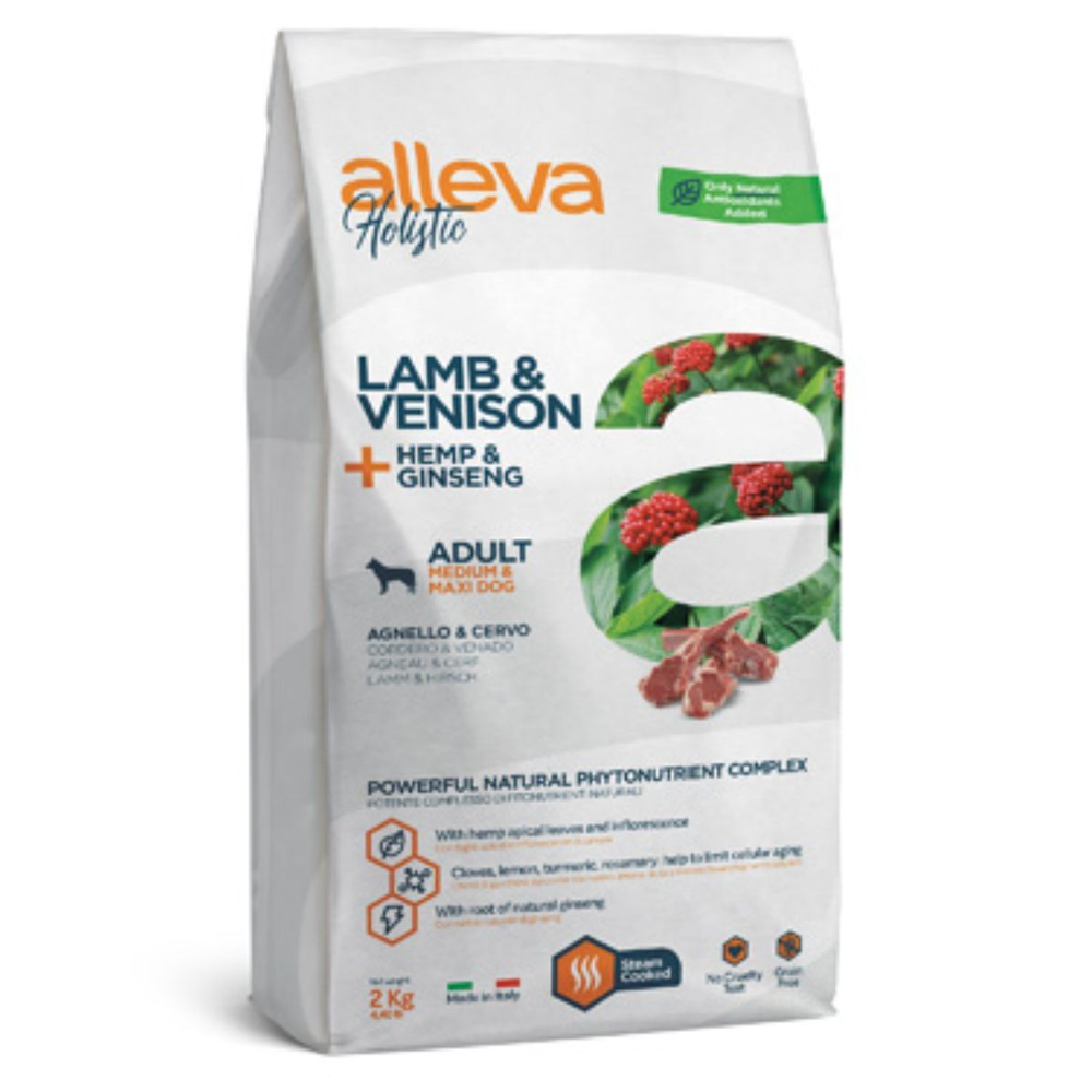 Корм Аллева Холистик Holistic Lamb & Venison + Hemp & Ginseng Medium/Maxi для взрослых собак средних и крупных пород, с ягненком, олениной и женьшенем,2 кг