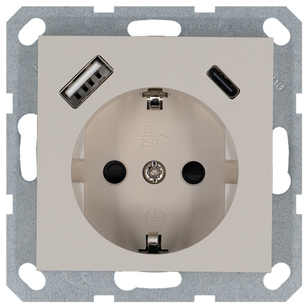 Розетка SCHUKO© с USB A+C с защитными шторками 16A 250V~ 2P+T USB 25W, цвет Тауп