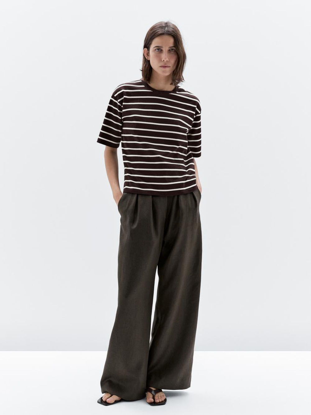 Massimo Dutti Футболка в полоску из 100% хлопка, коричневый