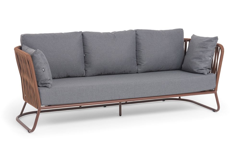 "Багамы" диван 3-местный плетеный из роупа, каркас алюминий коричневый (RAL8016) муар, роуп BZ23-ED31, ткань темно-серая 027