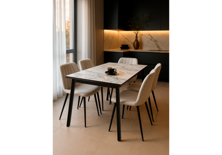 Стол стеклянный Woodville Агни 110(140)х68х76 мрамор белый, черный матовый, ножки черные