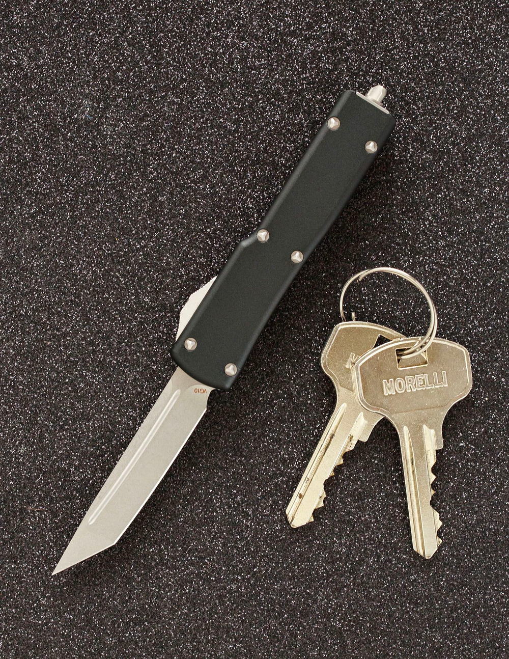 Автоматический складной нож SteelBro UTX-70 T/E Tanto Stonewash 149-10 (черный) фронталка/выкидуха