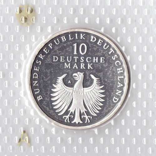 10 марок. 50 лет Немецкой марке (A). Серебро. 1998 г. PROOF. В родной запайке