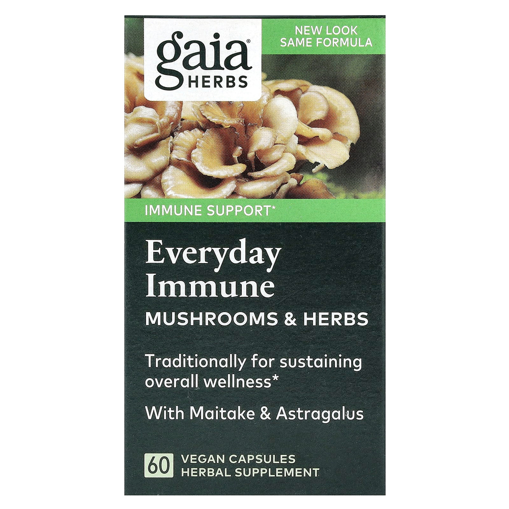 Gaia Herbs, Everyday Immune, грибы и травы, 60 веганских капсул