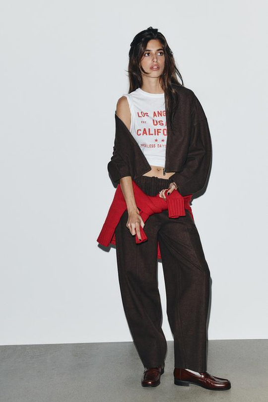 ZARA БРЮКИ ПРЯМОГО КРОЯ ИЗ МЯГКОЙ ТКАНИ, КОРИЧНЕВЫЙ