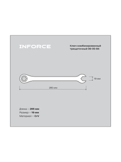 Комбинированный трещоточный ключ 19мм Inforce, Сталь Cr-V, 72 зуба, профессиональный, 06-05-84