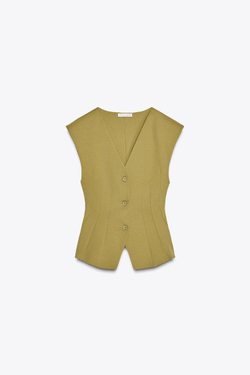 ZARA ТОП ИЗ ИНТЕРЛОКА БЕЗ РУКАВОВ, ЦВЕТ ОЛИВКОВОГО МАСЛА