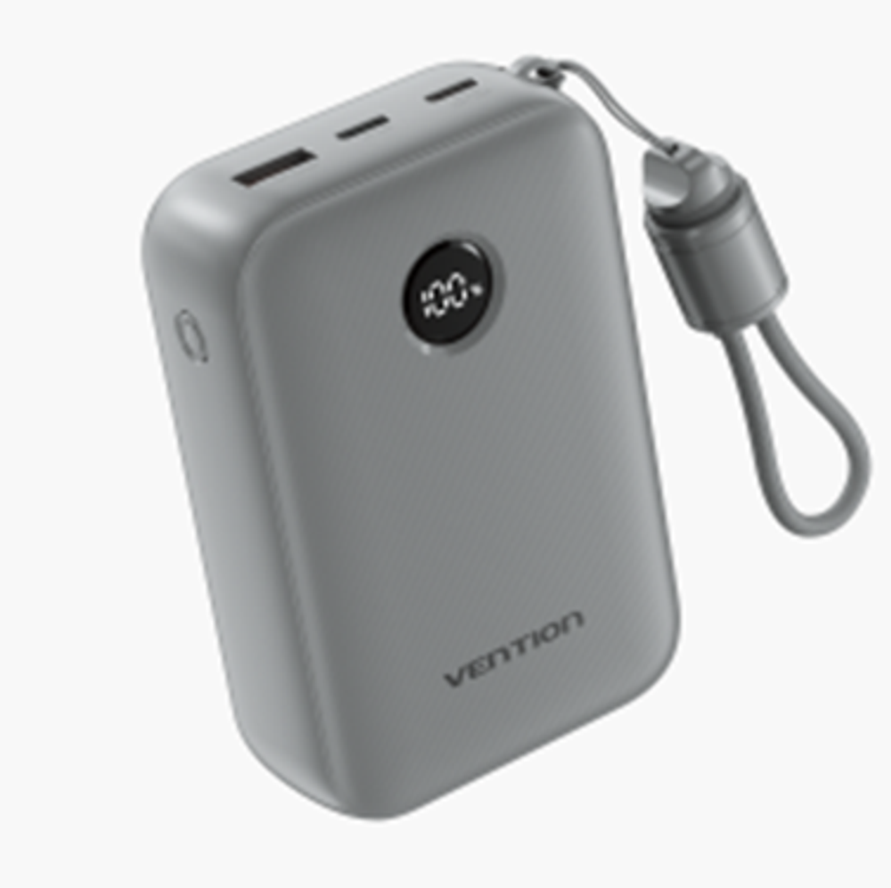 20000mAh Power Bank (USB-C + USB-C/USB-C/USB-A) with Built-in USB-C to USB-C Cable 22.5W Gray LED Display Type