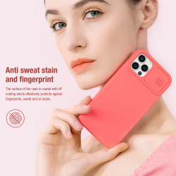 Чехол розового цвета (Peach Pink) с мягким шелковистым покрытием от Nillkin для iPhone 12 и 12 Pro, серия CamShield Silky Silicone Case с защитной шторкой для камеры