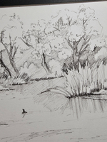 Картина, графика в паспарту 21х30 см на стену для интерьера "Берег реки Осетр"