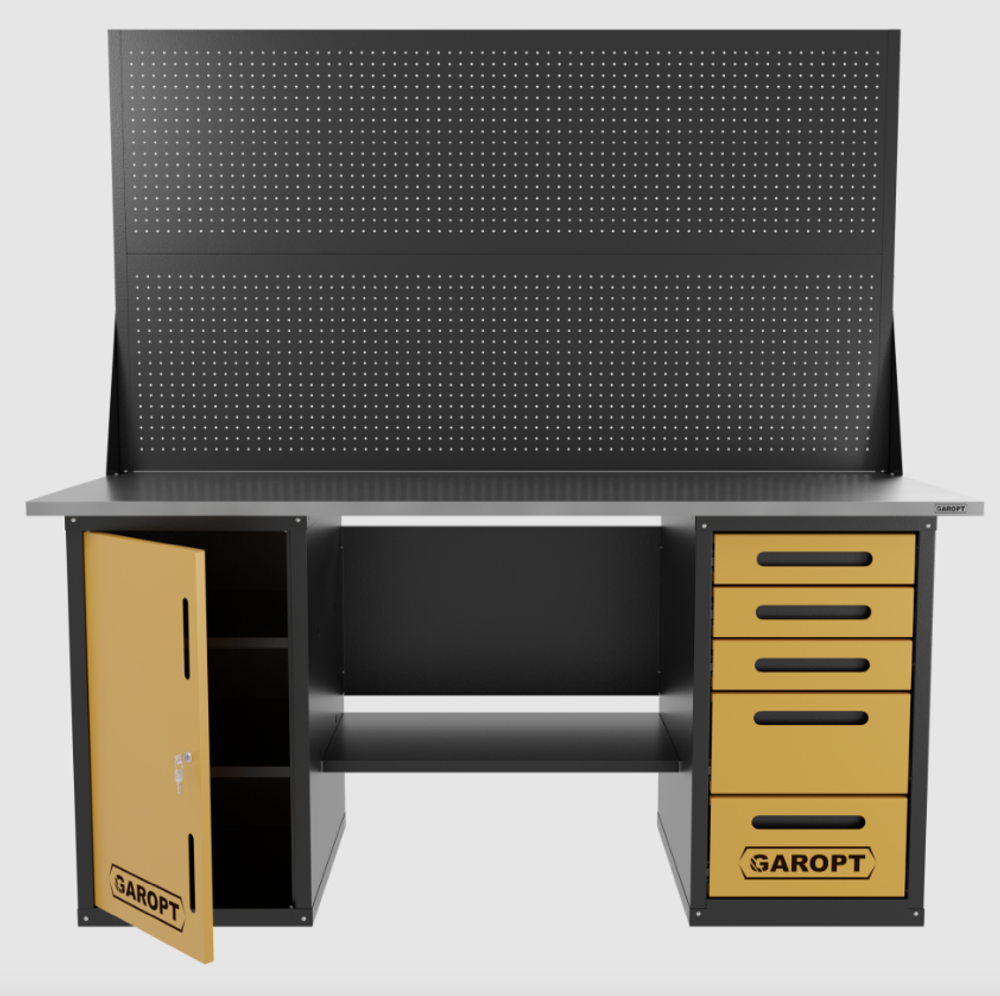 Верстак двухтумбовый дверь/5 ящиков с двумя экранами, желтый 1800*700 Garopt, GT1800DY5PP2.yell