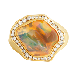 Кольцо с Мексиканским Опалом и Бриллиантами, Желтое Золото 750
