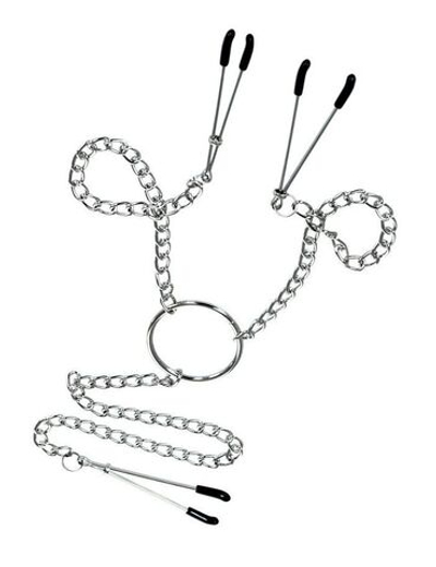 Серебристые зажимы для сосков и клитора на цепочке (Цвет: серебристый)