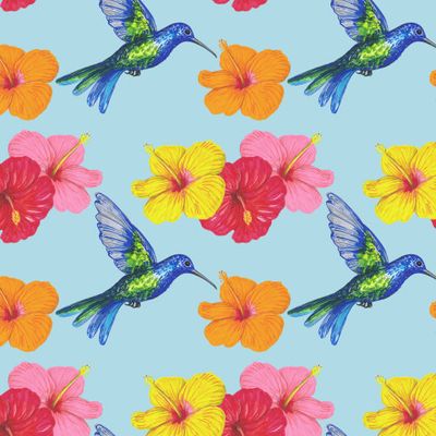 Колибри и тропические цветы на голубом фоне