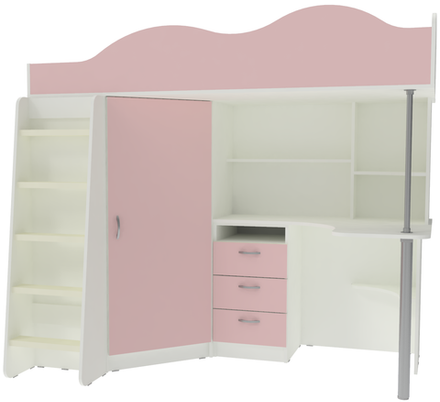 Кровать-чердак КарИВи Пионер с деревянной лестницей Белый  Розовый