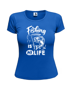 Футболка рыбака Fishing is my life женская приталенная синяя