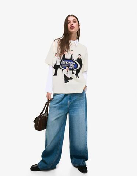 BERSHKA Футболка с короткими рукавами и принтом Backstreet Boys, белый