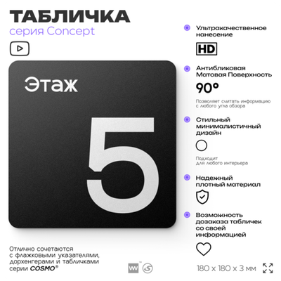 Табличка Этаж 5, на дверь и стену, навигационная и информационная, серия CONCEPT, 18х18 см, Айдентика Технолоджи
