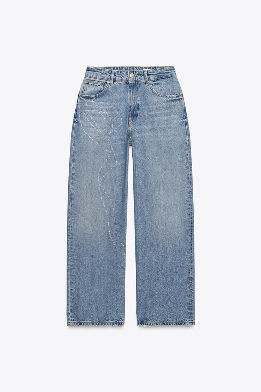 ZARA ДЖИНСЫ RELAXED ОВЕРСАЙЗ С ВЫСОКОЙ ПОСАДКОЙ И СТРАЗАМИ, СИНИЙ