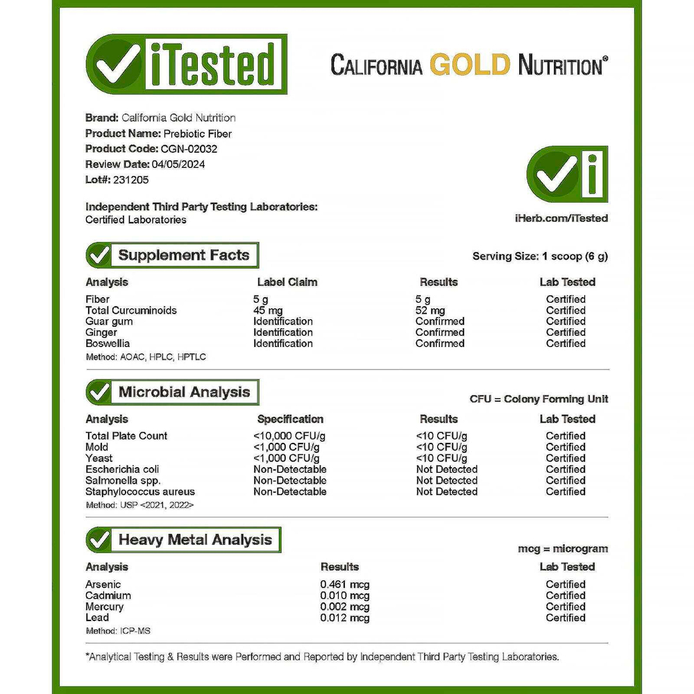 California Gold Nutrition, пребиотическая клетчатка с экстрактами куркумы, органического имбиря и босвеллии, 189 г (6,7 унции)
